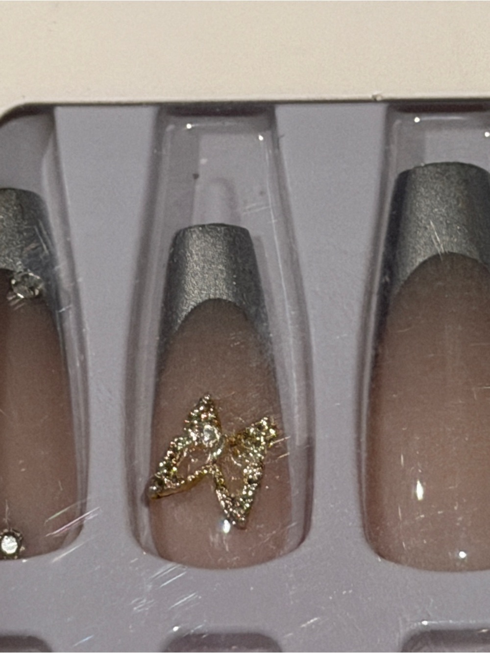 Silver French Tip Butterfly Press On Nails | Glam Nude Coffin Nails Y2K